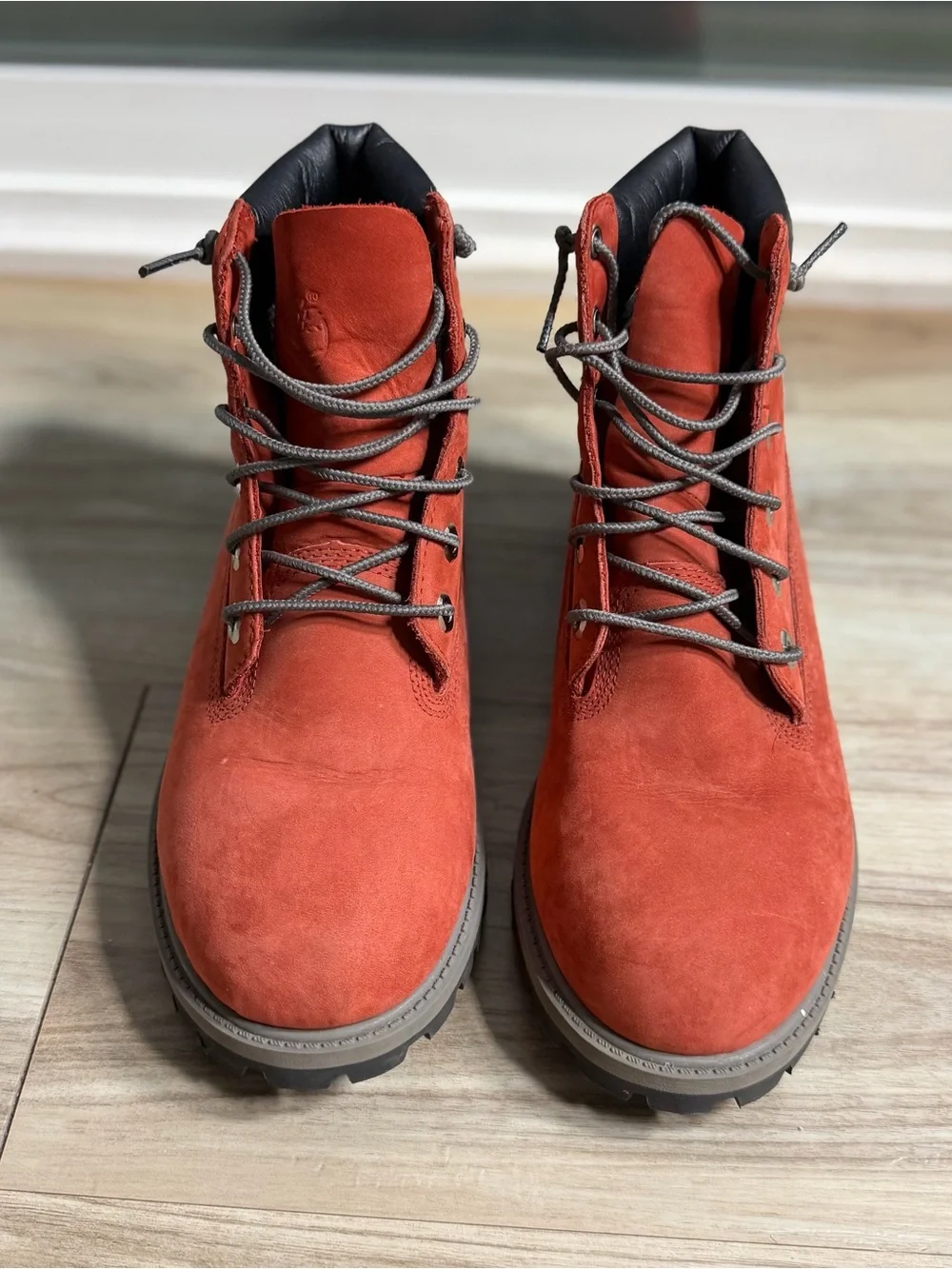 Timberland Red Suede Lace-Up Boots with Black Collar